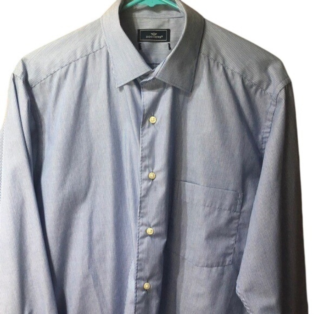 🛍Dockers Men's Blue White stripe Dress Shirt M 15
